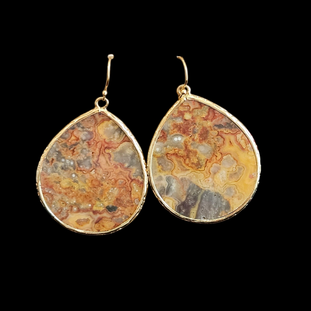 NWT - 18K Gold and Brown Lace Agate Teardrop Earrings
